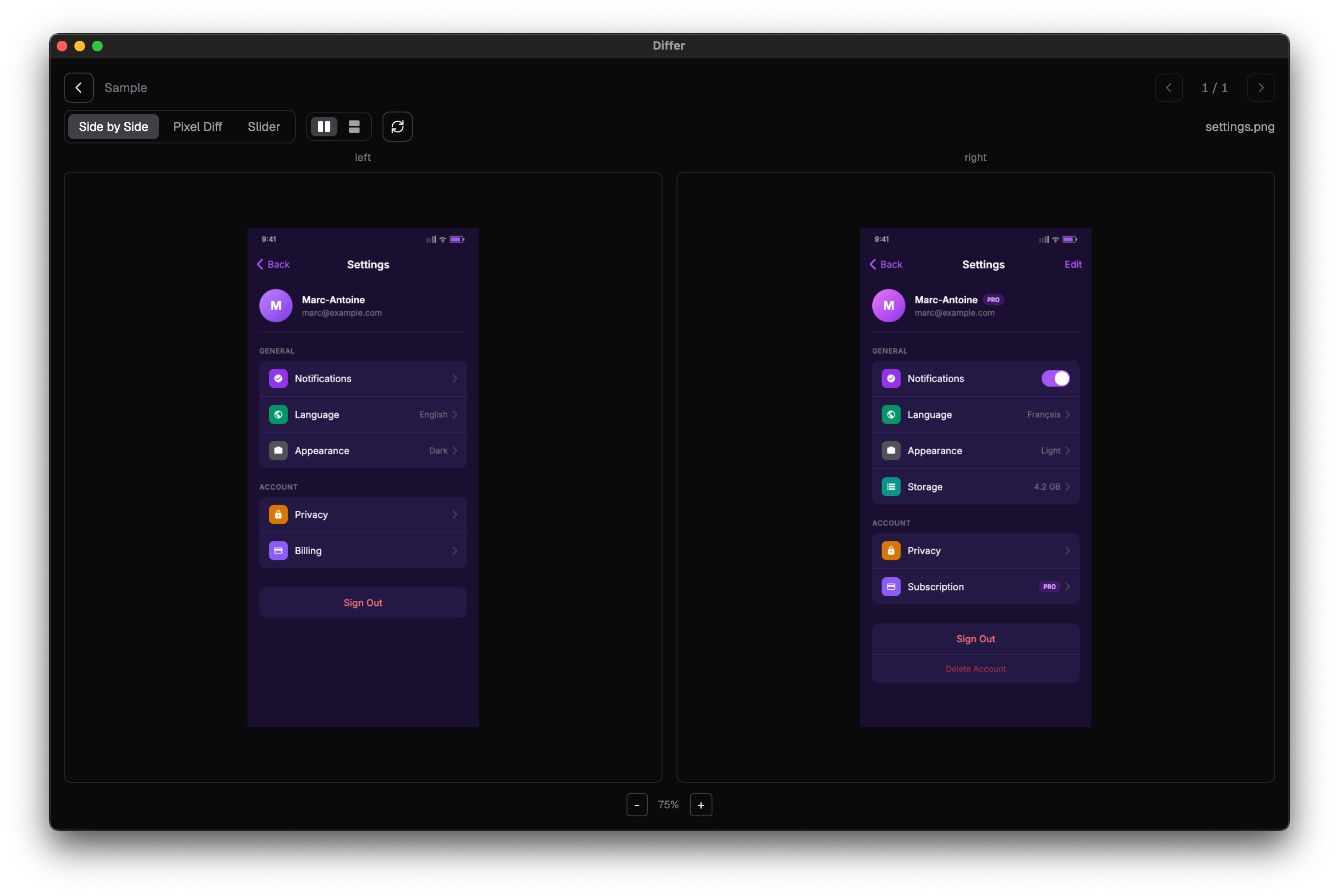 Differ — side-by-side comparison view